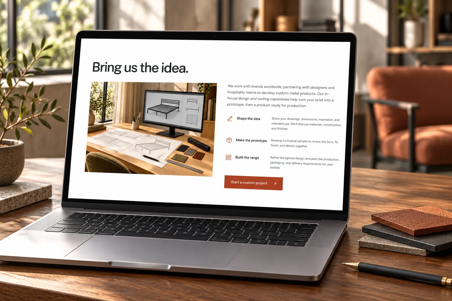 Big Ben custom furniture development page displayed on a workshop laptop