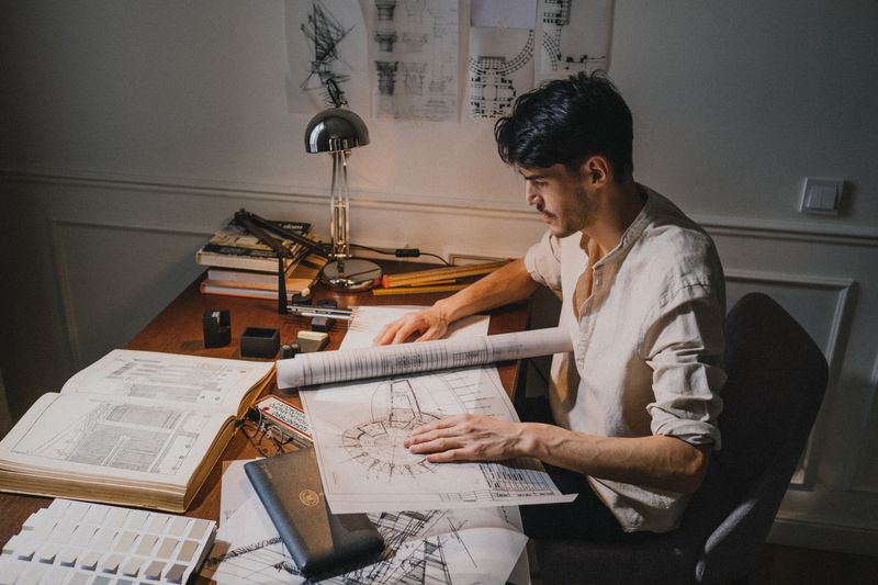 An architect working on blueprint drawings at a desk